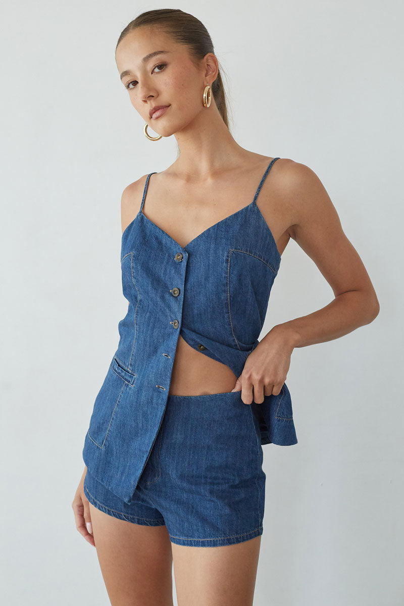 denim dress shorts women Women's No Notes Needed Indigo Cotton Denim Shorts | Color: Blue | Size: L