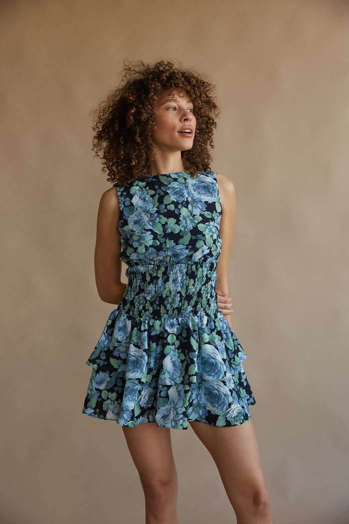 blue floral open back ruffle romper with smocked waist | unique summer rompers