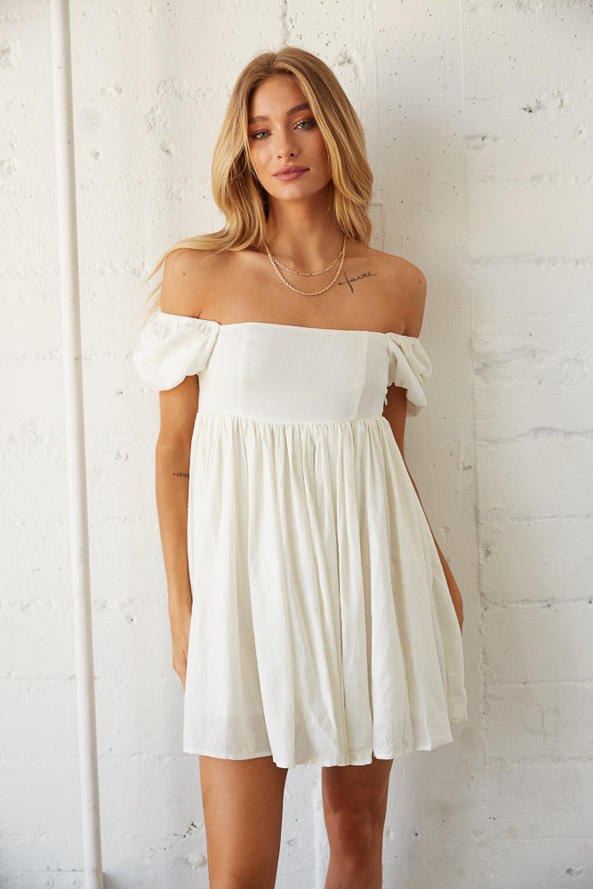 Jasmine Linen Puff Sleeve Babydoll Dress American Threads Boutique White / XS Jasmine Linen Puff Sleeve Babydoll Dress American Threads Boutique White / XS