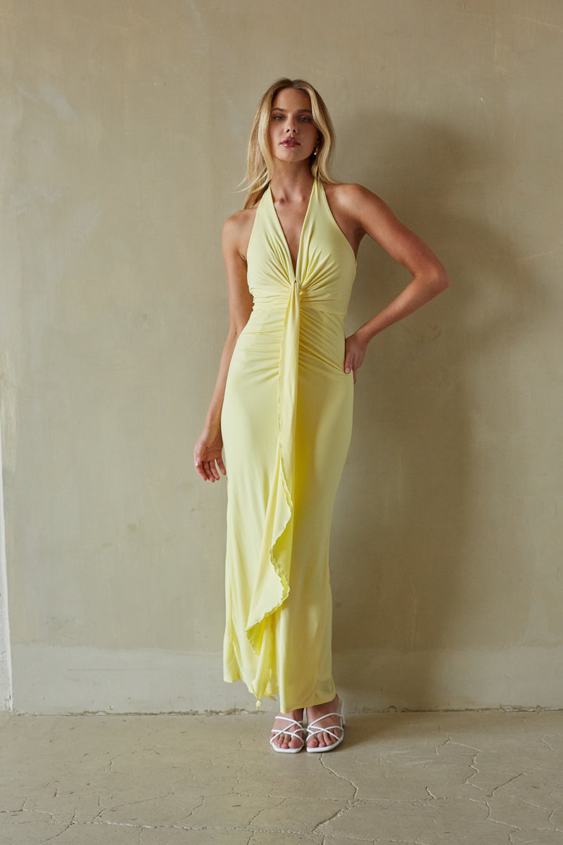 Cecelia Halter Draped Maxi Dress • Shop American Threads Boutique Butter Yellow / M