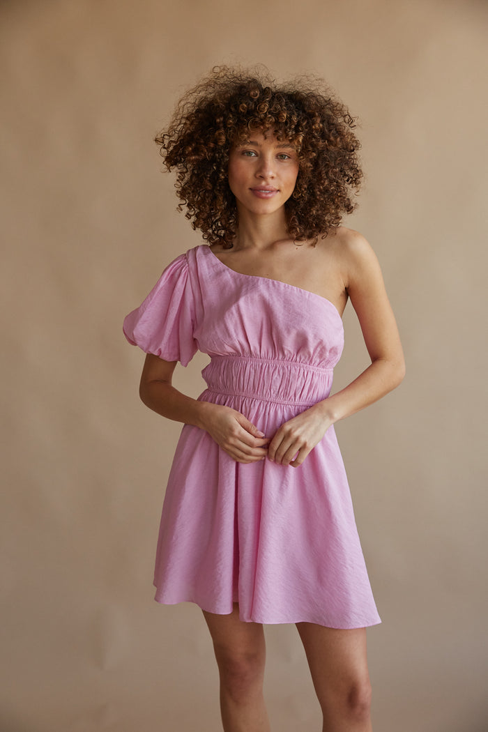 pink one shoulder puff sleeve smocked waist mini dress | unique rush dress boutique