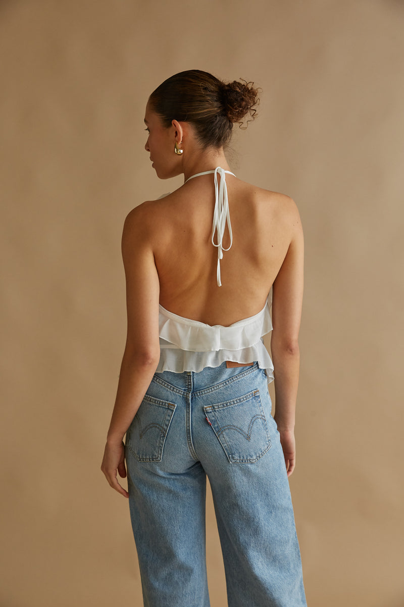 flowy ruffle halter top with low back | white spring tops