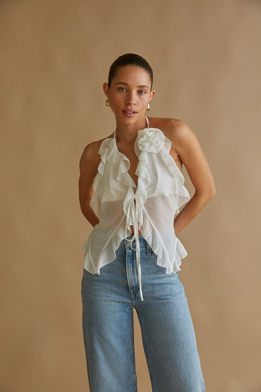 white chiffon rosette ruffle top | flowy tie top with rose