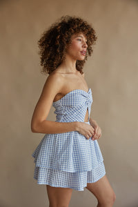 blue and white gingham sweetheart strapless babydoll dress