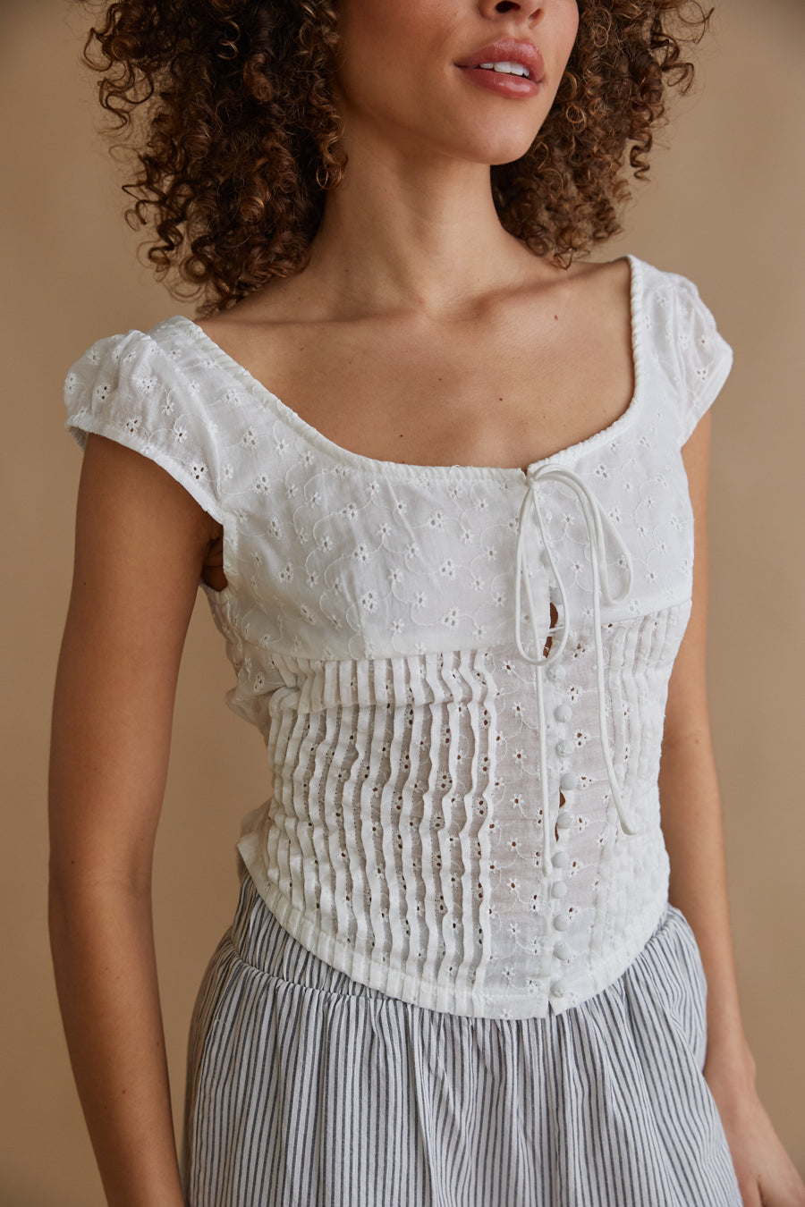white floral eyelet lace button up top | european summer vacation top