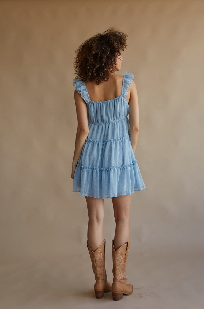 chambray blue ruffle babydoll mini dress | periwinkle mini dress for spring