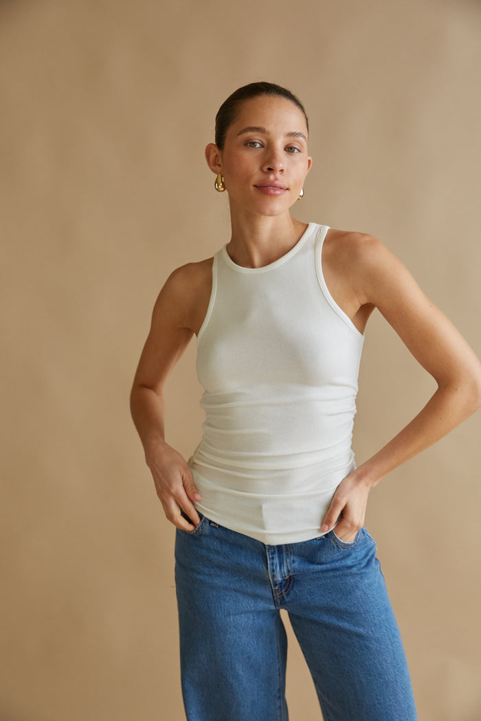 white scoop neck ribbed tank with scoop hem | elevated basics for summer