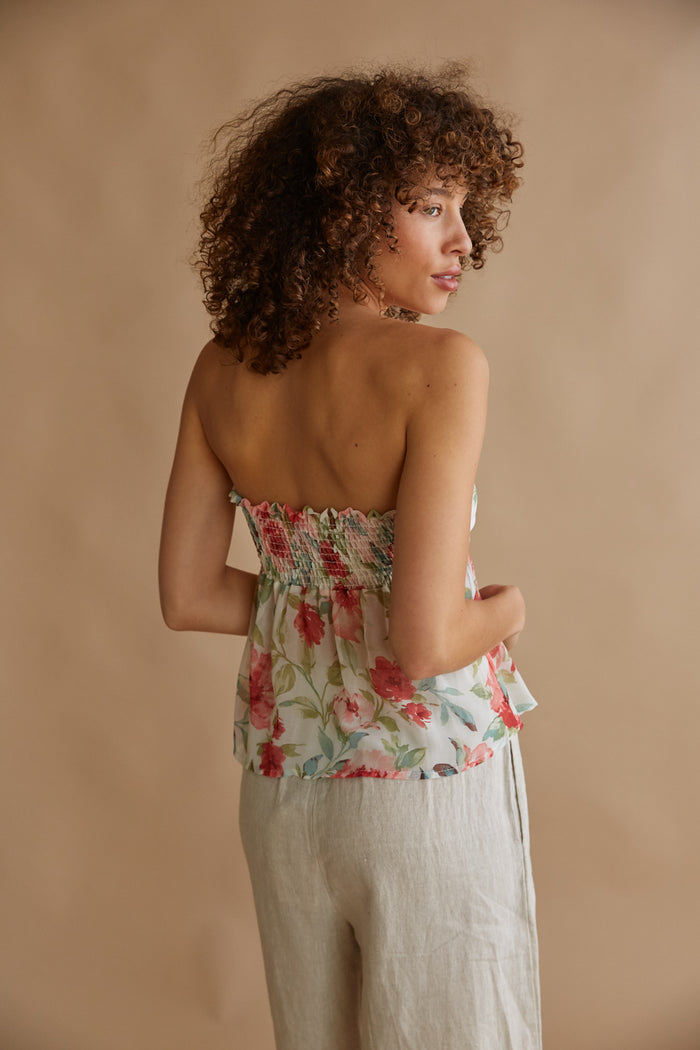 strapless lightweight babydoll top with rose pattern | garden aesthetic outfit