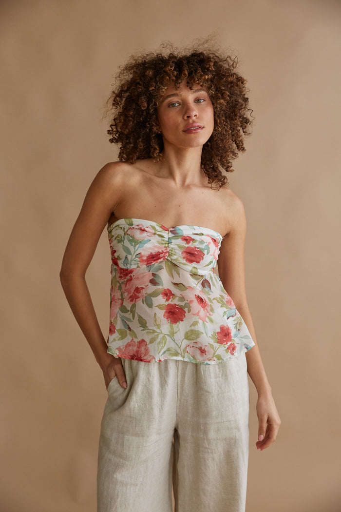 strapless rose floral chiffon babydoll top | spring tops 2024