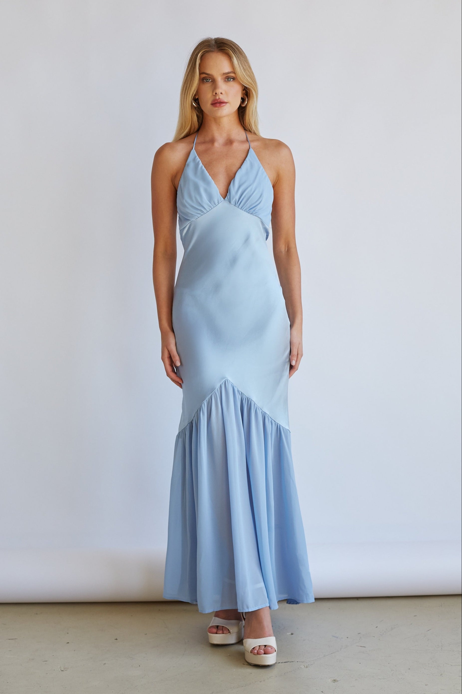 Lucinda Halter Satin Midi Dress Shop American Threads Boutique Light Blue / S Lucinda Halter Satin Midi Dress Shop American Threads Boutique Light Blue / S