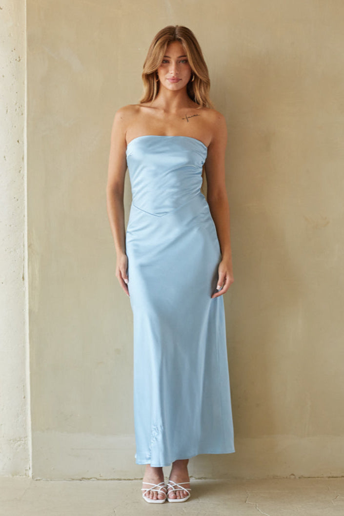 Romina Strapless Satin Maxi Dress | American Threads Boutique Sky Blue / M Romina Strapless Satin Maxi Dress | American Threads Boutique Sky Blue / M