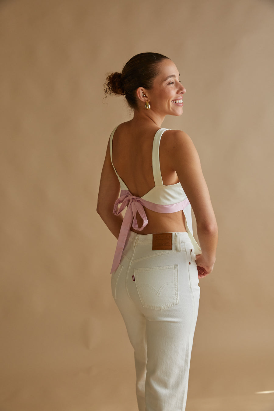 pink bow back white top | open back tank top