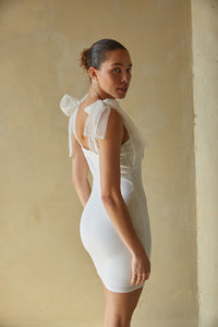 bow strap tulle and pearl mini dress | trending bridal mini dress