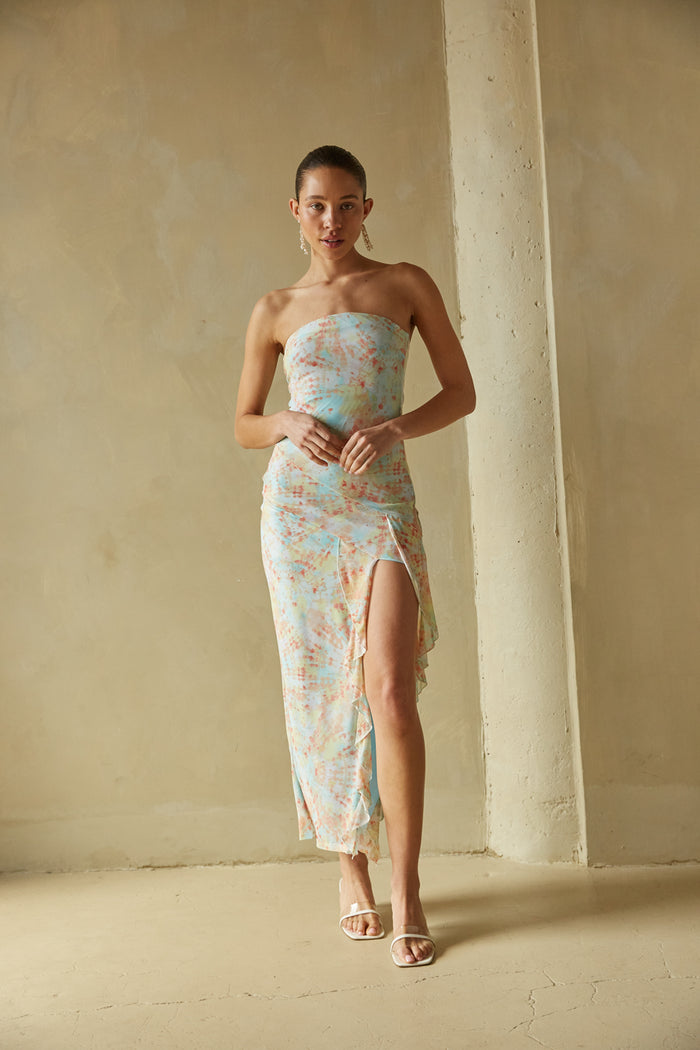 mint floral strapless ruffle asymmetrical midi dress | pastel prom dress