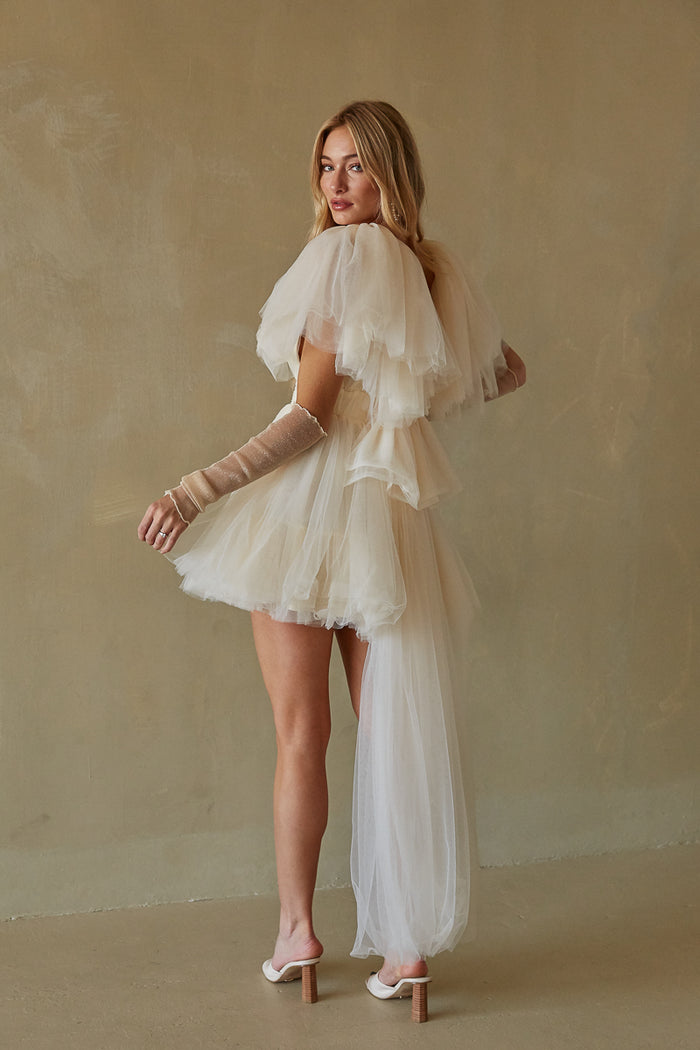 cream tulle bow back train mini dress - dramatic puff sleeve bridal dress - dramatic homecoming dress