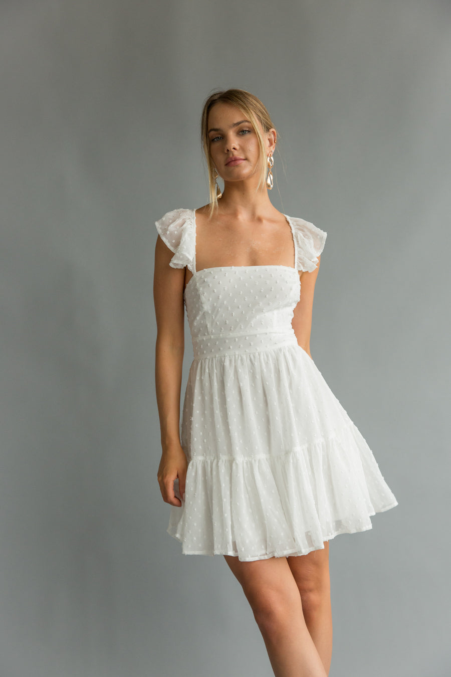 Aimee Flutter Sleeve Open Back Mini Dress Shop American Threads White / L Aimee Flutter Sleeve Open Back Mini Dress Shop American Threads White / L
