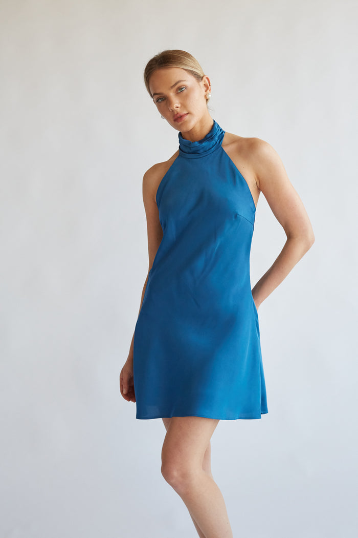 blue mock neck a line mini dress with open back | wedding guest mini dress for summer