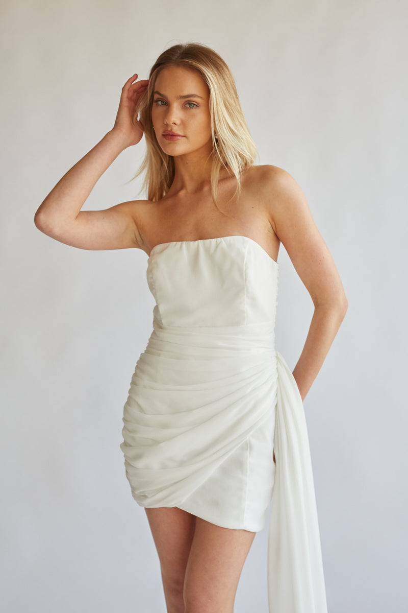 white christmas dresses Ariana Draped Strapless Mini Dress • Shop American Threads Women's Trendy Online Boutique White / M