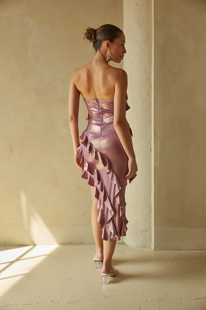 strapless shimmer purple midi dress | artsy cocktail dress