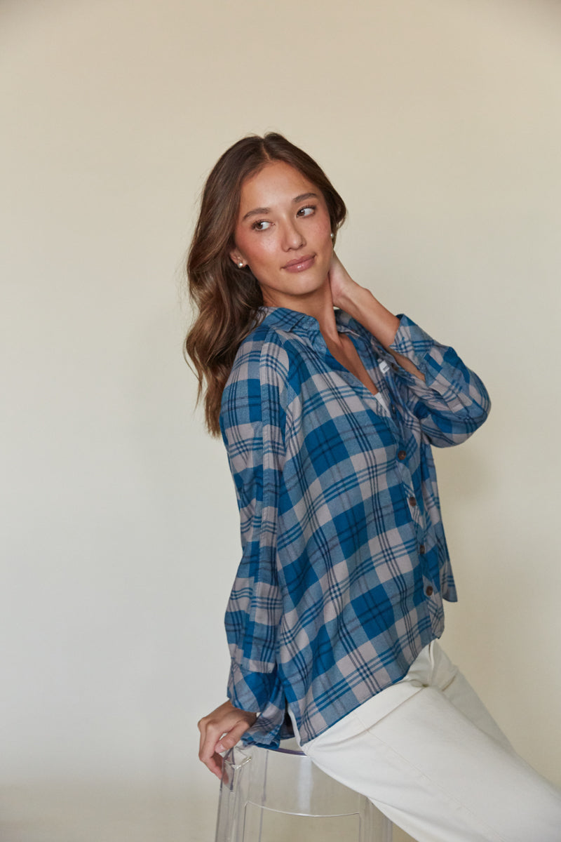 blue plaid patterned casual flannel for winter outfits 