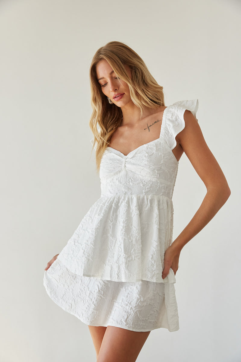 white textured flutter sleeve fit and flare tiered mini dress | unique white mini dress