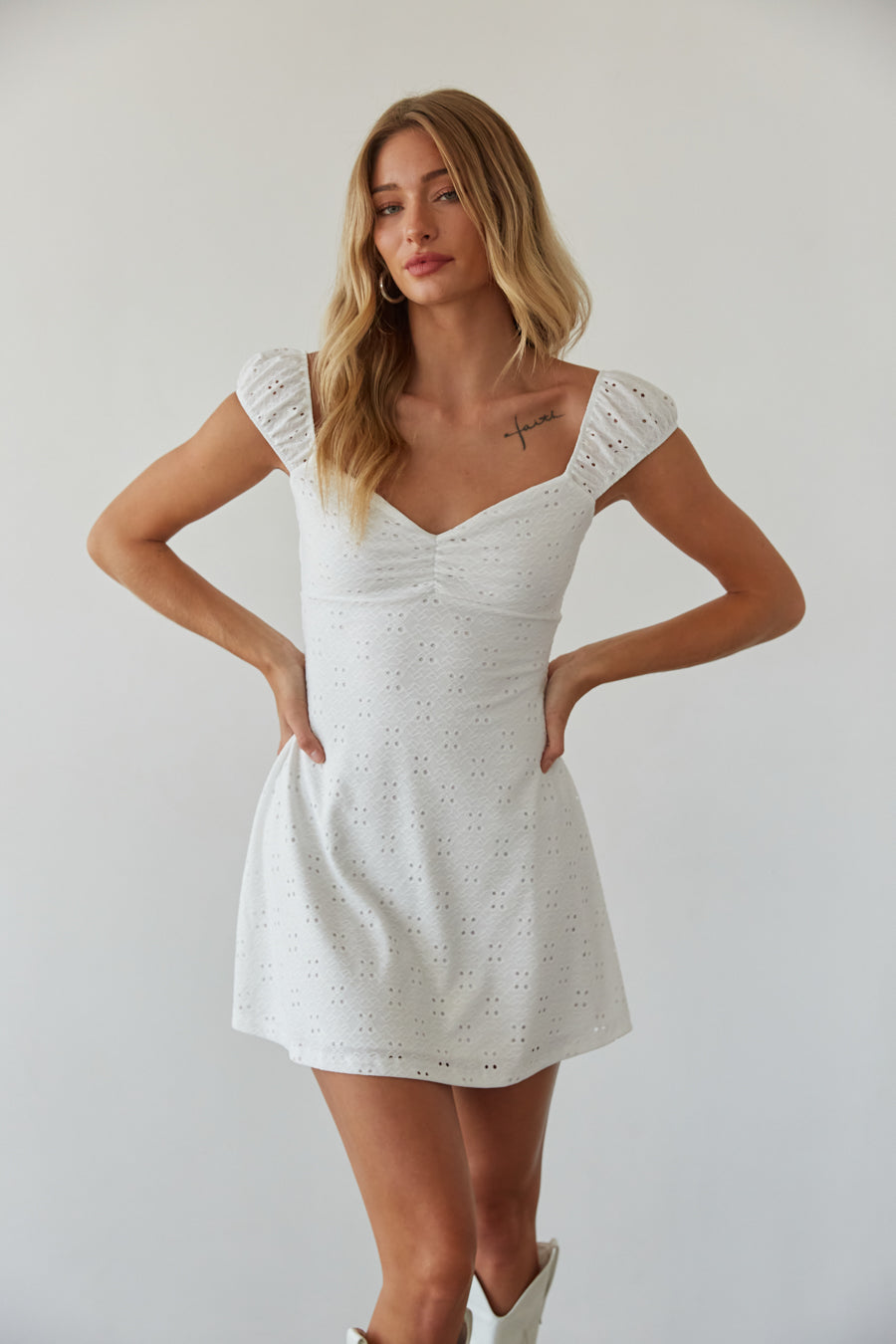 Aspen Puff Sleeve Eyelet Mini Dress American Threads