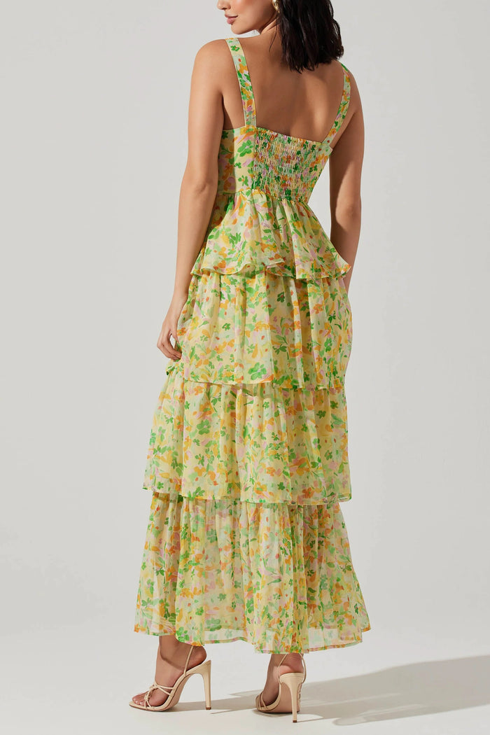 neon floral tiered ruffle maxi dress for spring summer | unique spring vacation dress
