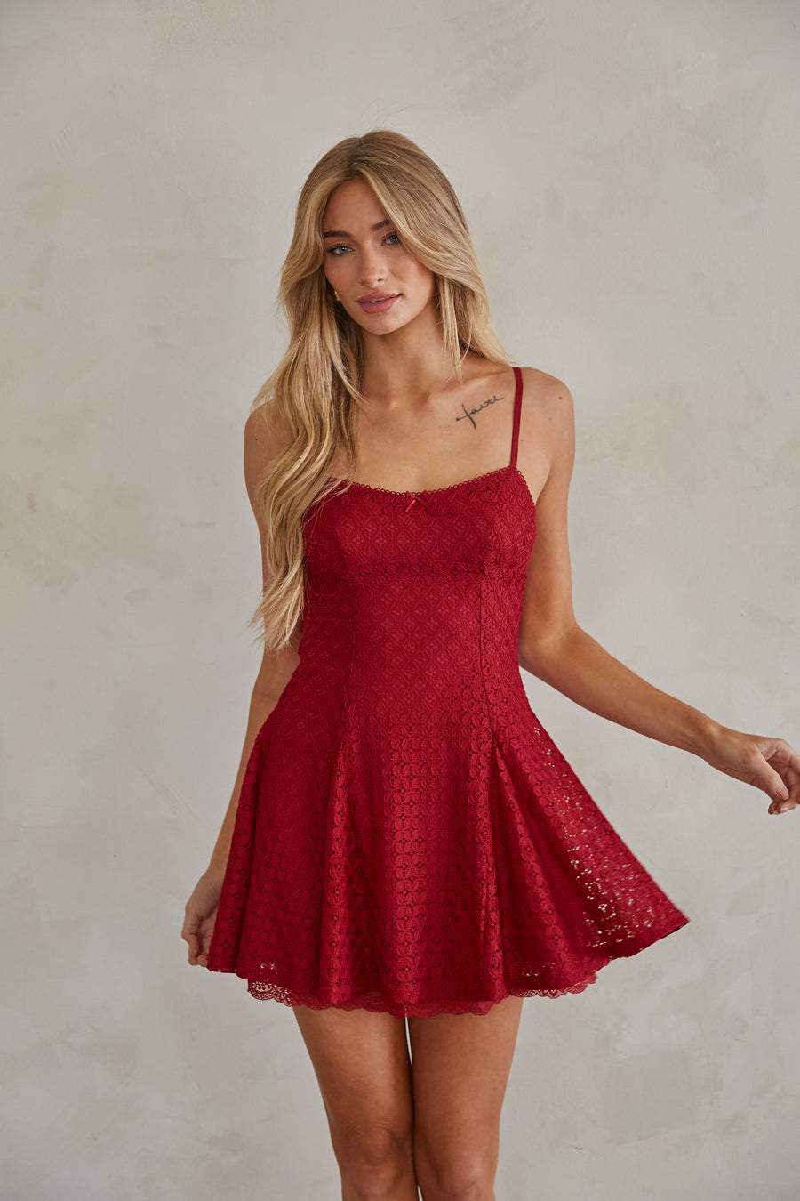Betty Lace Fit and Flare Mini Dress Shop American Threads Dress Shop Crimson / M Betty Lace Fit and Flare Mini Dress Shop American Threads Dress Shop Crimson / M