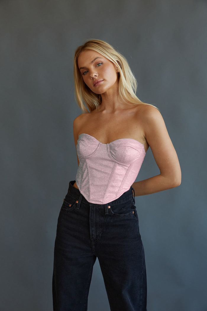 pink glittery corset top perfect for 21st birthday dinner, going out, new year's eve