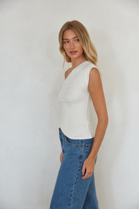 side view | white asymmetrical one shoulder butter soft tee