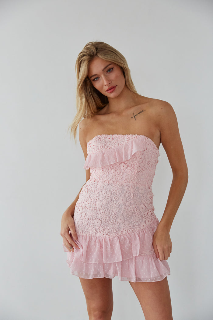 pink-image | pink lace ruffle mini dress - light pink rush dress - strapless sorority recruitment dress