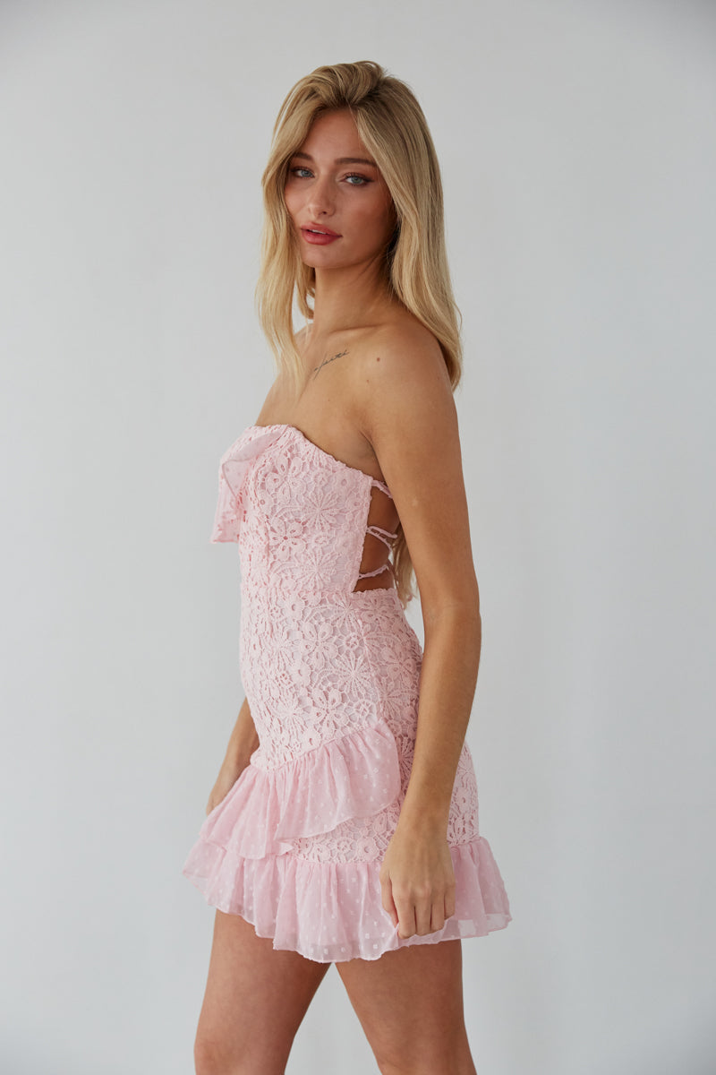 light pink lace strapless mini dress - pink tie back formal dress - sorority rush dress inspo