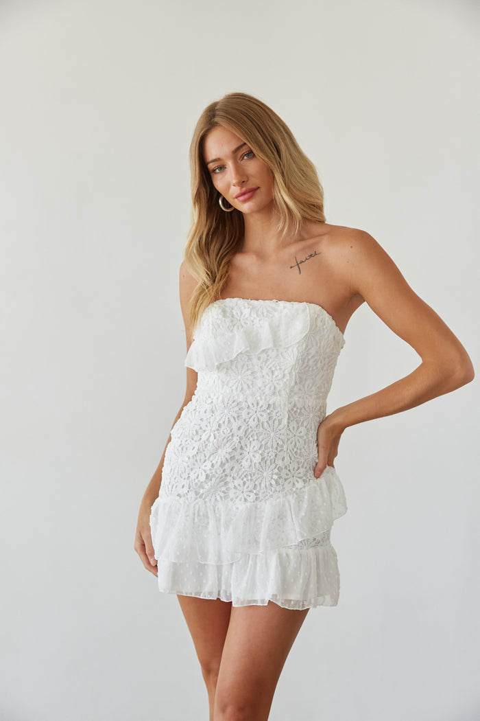 white-image | strapless lace bodycon mini dress with ruffle detail