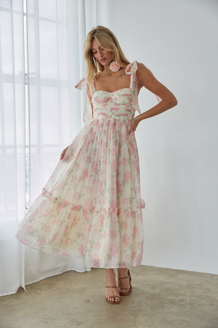 pink-image | pink floral bustier maxi dress - sorority rush dress inspo - what to wear to a summer wedding