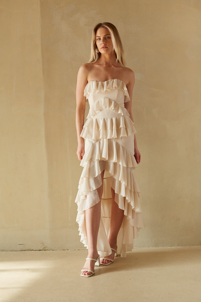 cream high low ruffle tiered strapless maxi dress | bridal shower dress boutique 