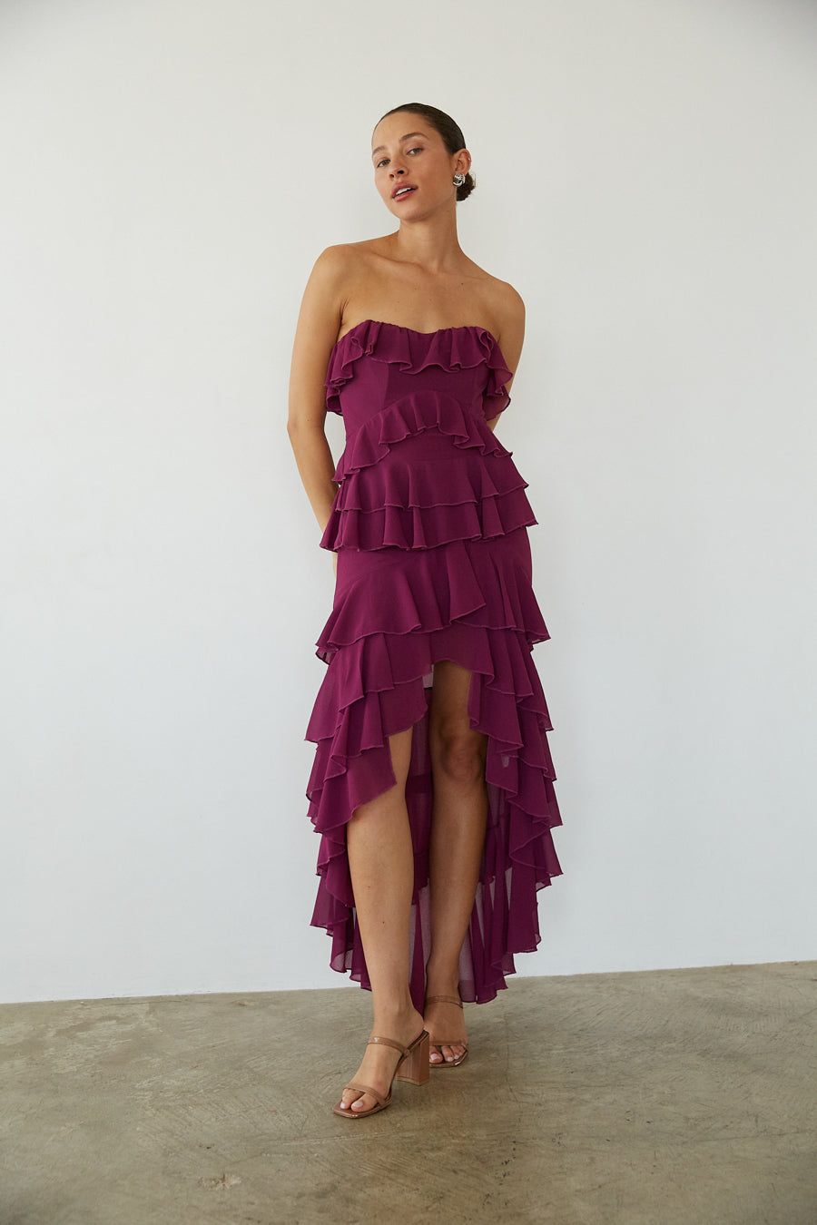 Clementine High Low Ruffle Maxi Dress Shop American Threads Boutique Berry / S Clementine High Low Ruffle Maxi Dress Shop American Threads Boutique Berry / S
