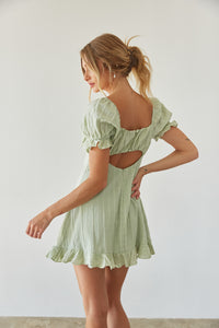 back view | sage green gingham puff sleeve bustier babydoll mini dress | summer sundress