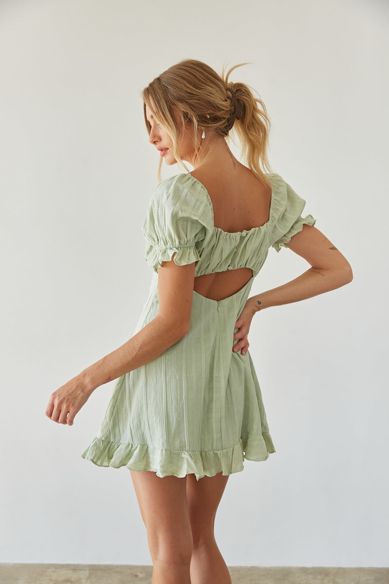 back view | sage green gingham puff sleeve bustier babydoll mini dress | summer sundress