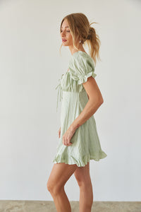 side view | sage green gingham puff sleeve bustier babydoll mini dress | summer sundress