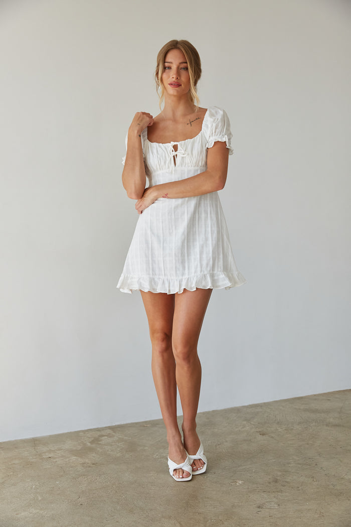 front view | white gingham puff sleeve bustier babydoll mini dress | unique grad mini dress | white-image
