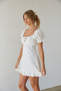 side view | white gingham puff sleeve bustier babydoll mini dress | unique grad mini dress