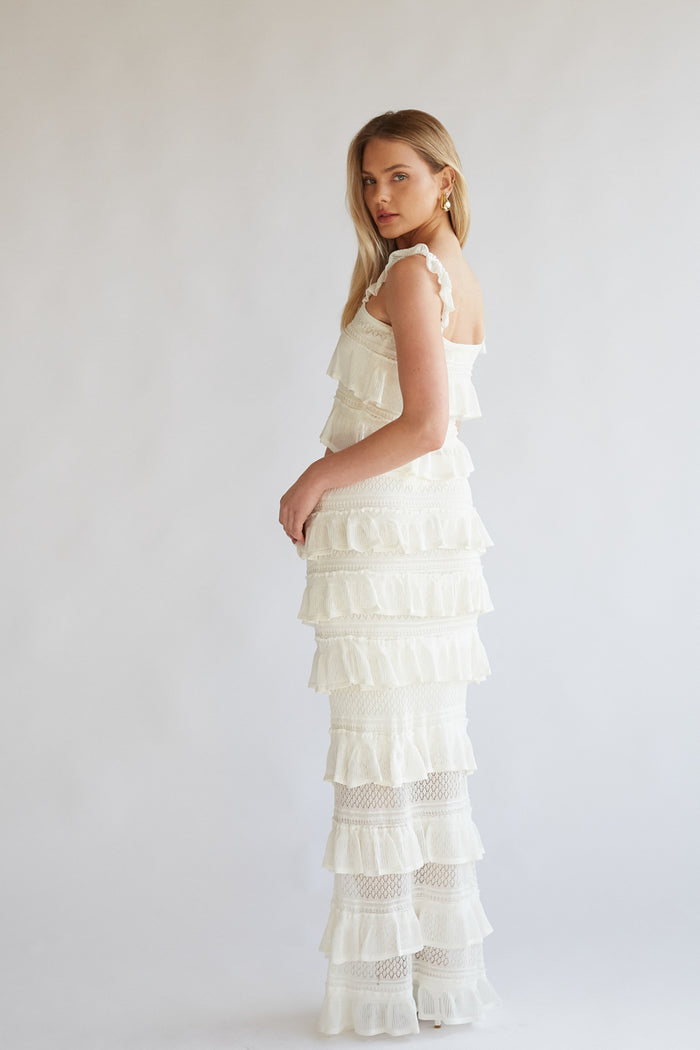 tight knit stretchy crochet ruffle tiered tank top and maxi skirt set in cream | unique white rush outfit for pref round