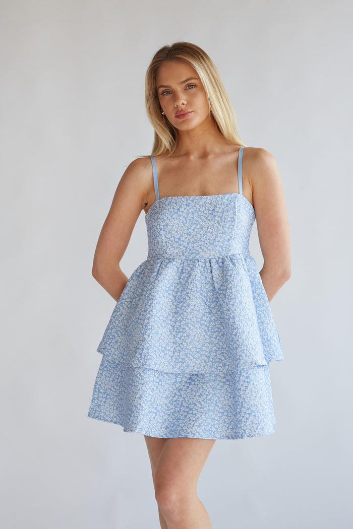 blue and white floral babydoll mini dress | unique rush dress boutique 