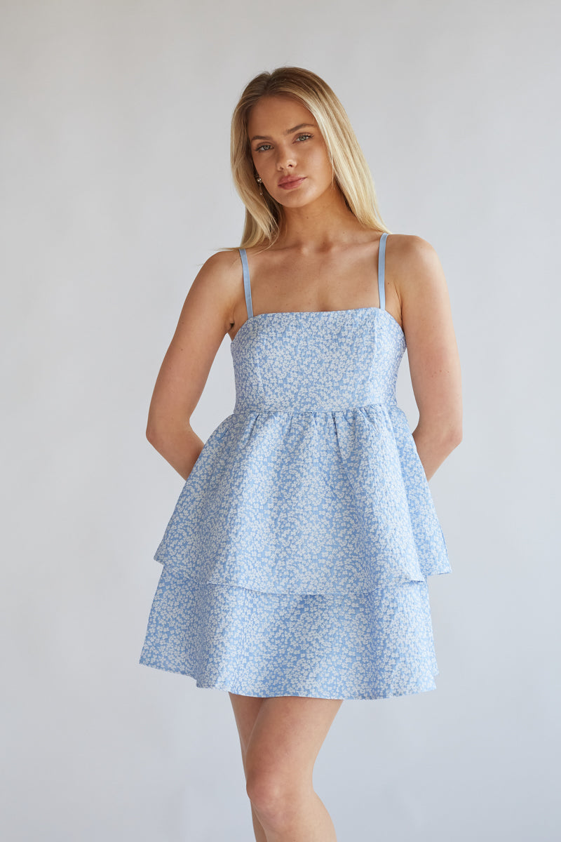 Eileen Floral Jacquard Tiered Babydoll Mini Dress Shop American Threads Women's Trendy Online Boutique Light Blue Floral / S Eileen Floral Jacquard Tiered Babydoll Mini Dress Shop American Threads Women's Trendy Online Boutique Light Blue Floral / S