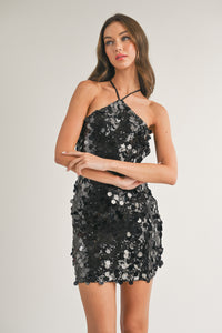 black sequin halter neck mini dress - New Year's Eve modest dress