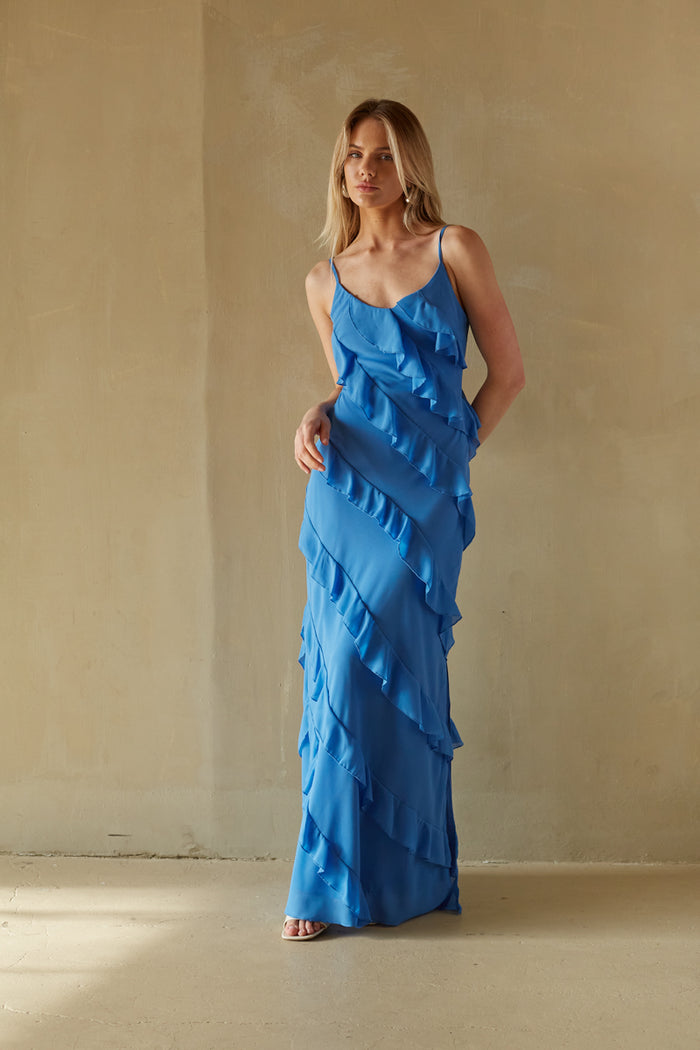 cobalt blue asymmetrical ruffle maxi dress with sweetheart neckline | unique wedding guest dress 2024
