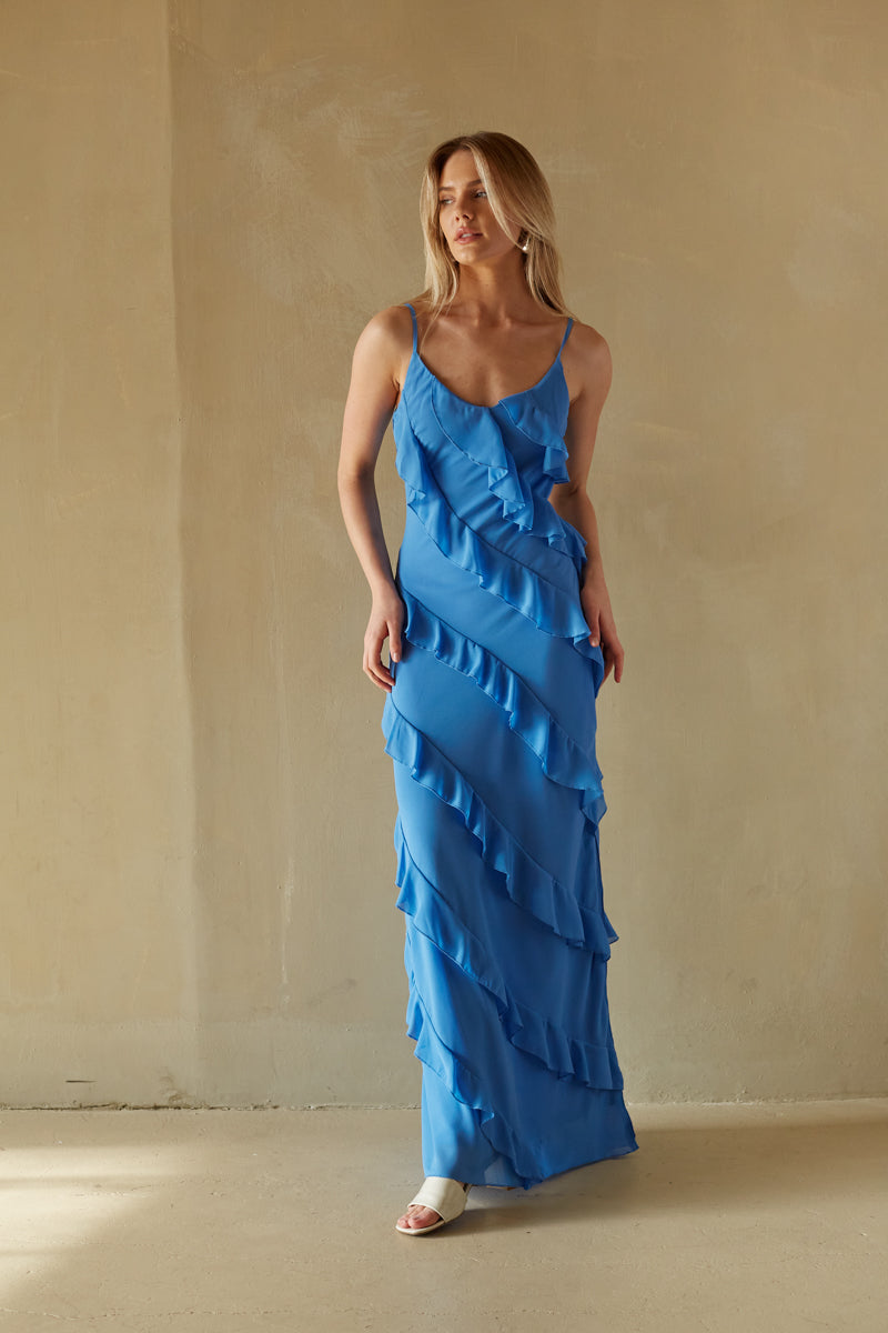 marine blue diagonal tiered ruffle spaghetti strap maxi dress | trending semi-formal dresses for vacation and parties