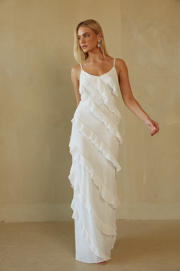 front view white ruffle maxi dress - beautiful white dress perfect for engagement photos, graduation, and more