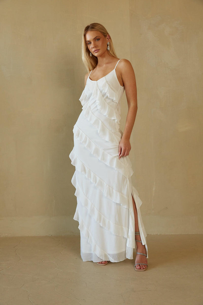 white ruffle maxi dress | engagement photos maxi dress with asymmetrical ruffles 
