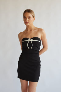 black contrast bow detail mini dress with sweetheart neckline 